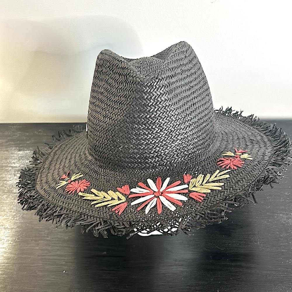 Black Straw Fedora Hat with Red & Cream Floral Embroidery